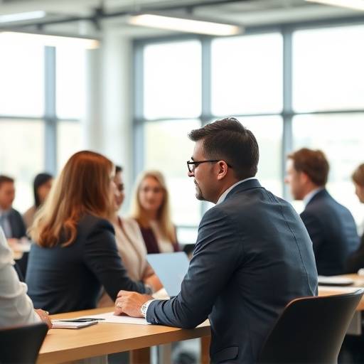 Imagen de un grupo de profesionales participando activamente en un taller de oratoria en un entorno corporativo.